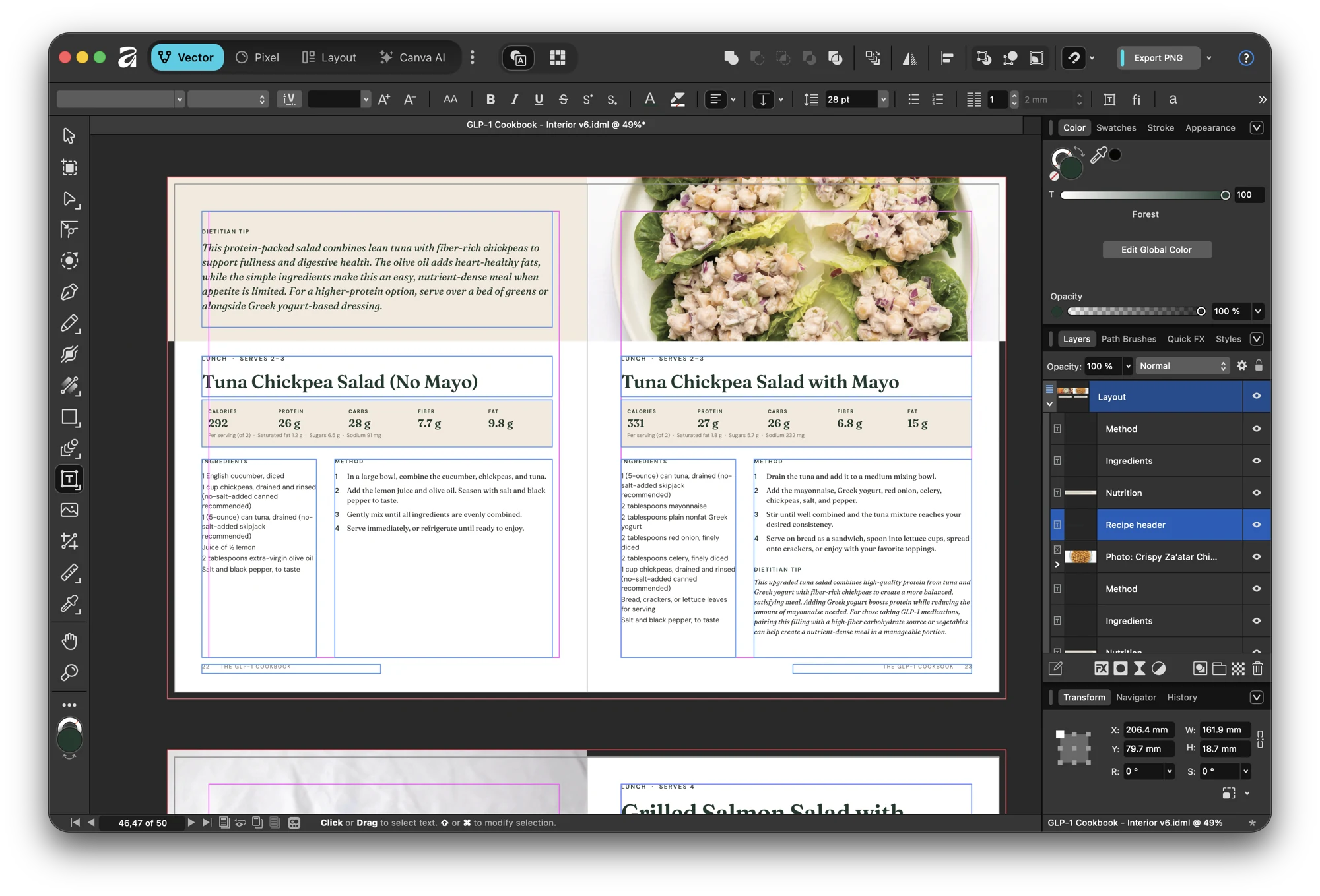 A generated recipe spread open in Affinity, with the script-named layers on the right