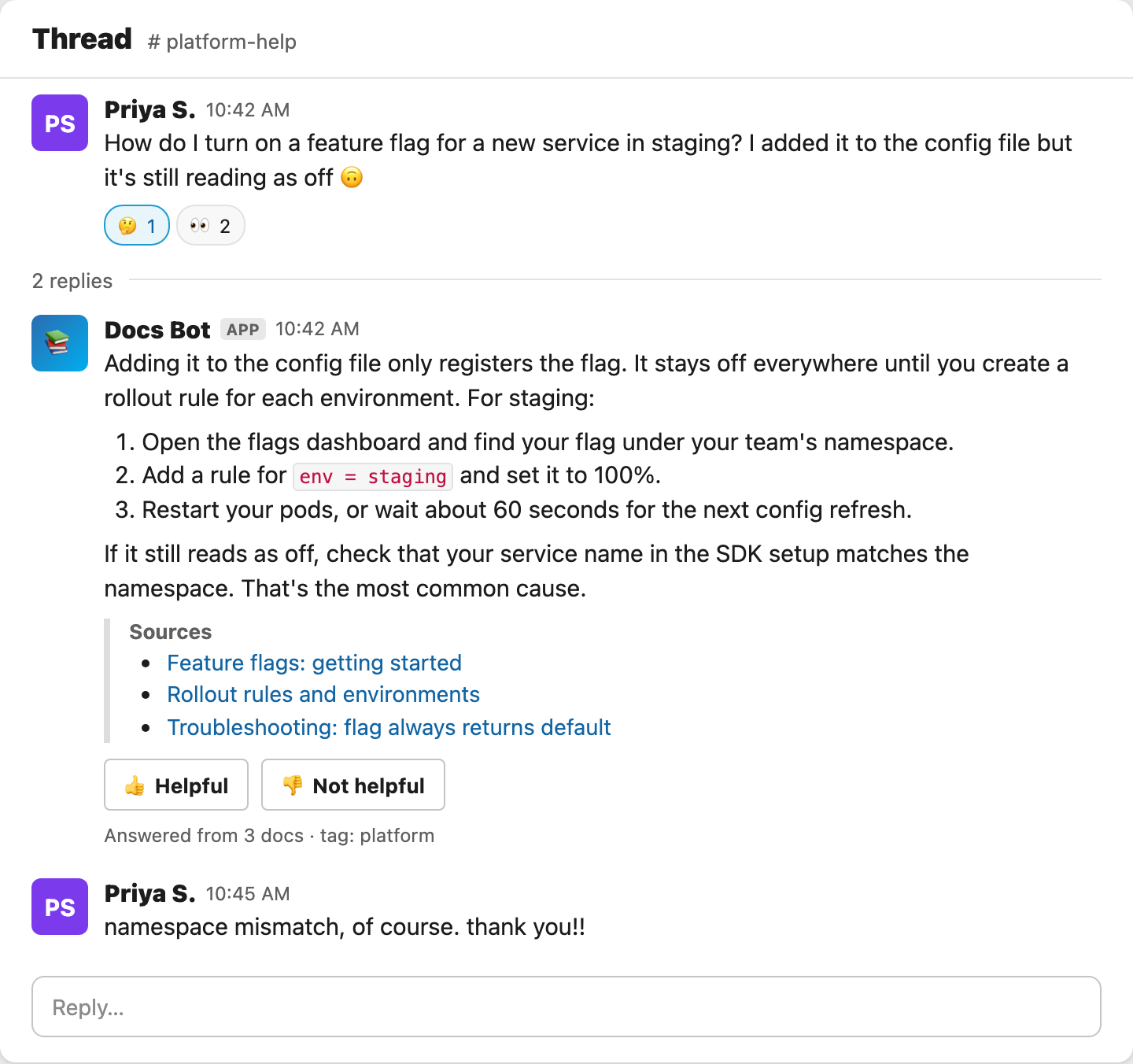 Mockup of the bot answering a question in a Slack thread, with source links and feedback buttons